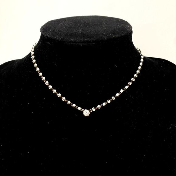 Dainty CZ Milk Glass Choker Pendant Necklace Antique Gold Tone Wire Wrapped - Picture 1 of 5